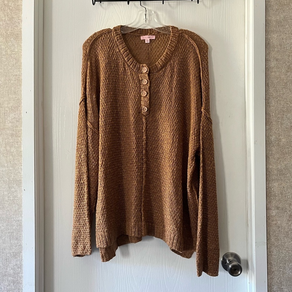 P.S. LOVE Mocha Knit Pull Over Sweater with Wood Botton Front
